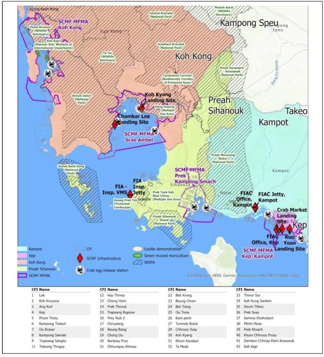 Map of Cambodia's coastal SCMF target areas in Koh Kong, Preah Sihanouk, Kampot and Kep, showing marine fisheries management areas, community fisheries and project infrastructure