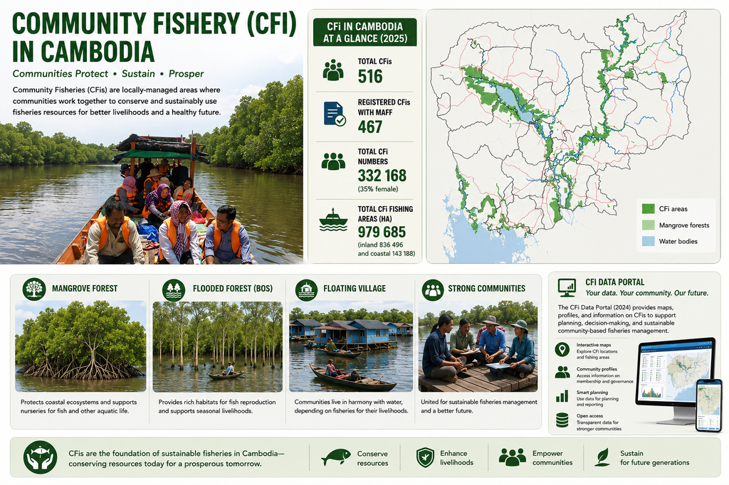 CFi in Cambodia infographic — total CFIs, MAFF registration, membership, inland and coastal fishing area covered by the DCx GeoServer + PostGIS + React portal