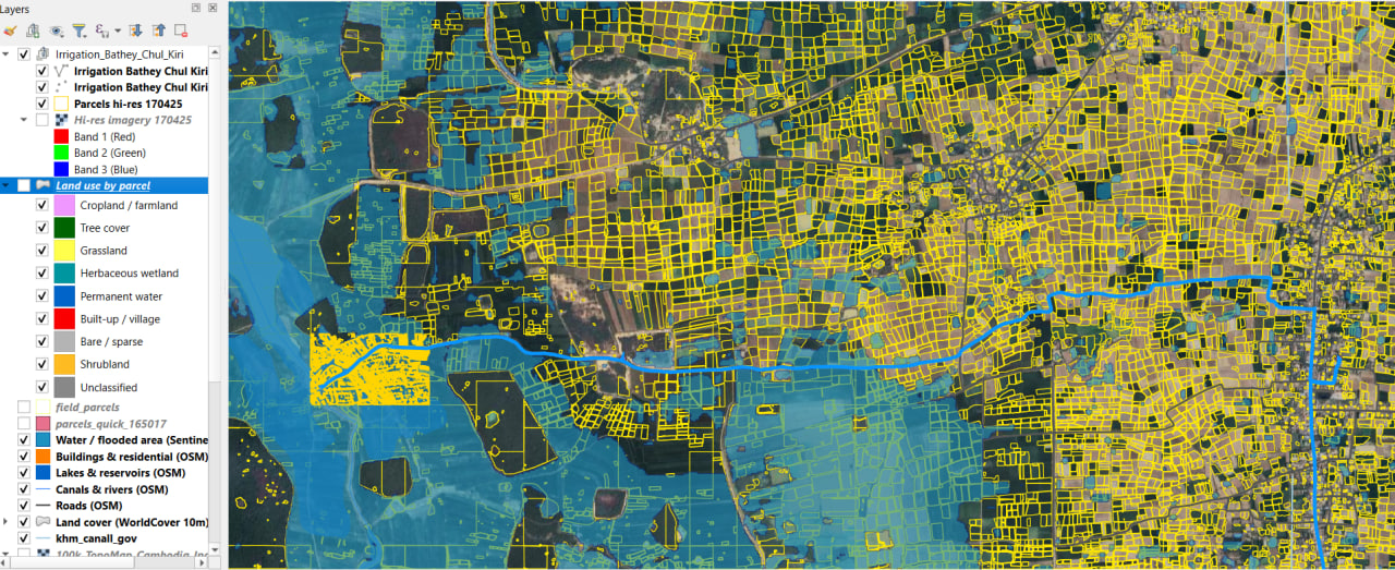 QGIS canvas — per-parcel land-use tagging with SAM-segmented field boundaries overlaid on satellite imagery and OpenStreetMap infrastructure for the Battambang / Chul Kiri irrigation district