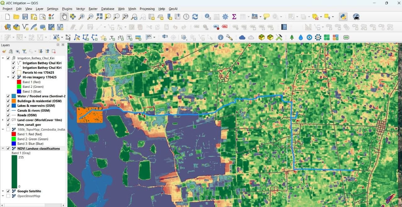 QGIS interface — NDVI land-cover classification with Sentinel-2 spectral bands, WorldCover 10 m raster, and OSM road/canal/built-up vectors layered for analysis