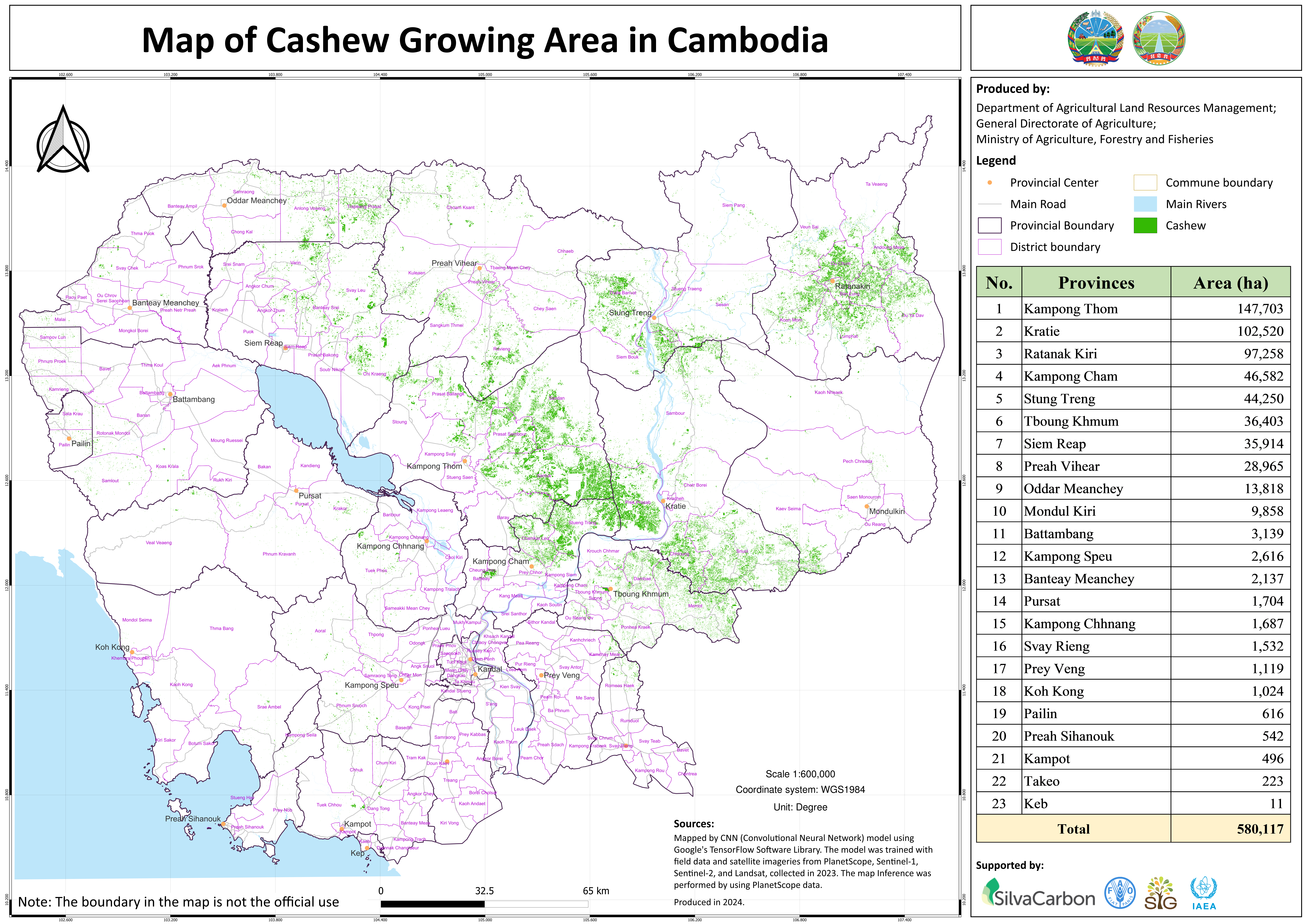 Map of Cashew Growing Area in Cambodia — 580,117 hectares across 23 provinces, Department of Agricultural Land Resources Management